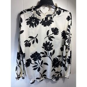 AnnieWear Los Angeles Black White Floral Ruffle Neck Blouse AT1404A Medium NEW